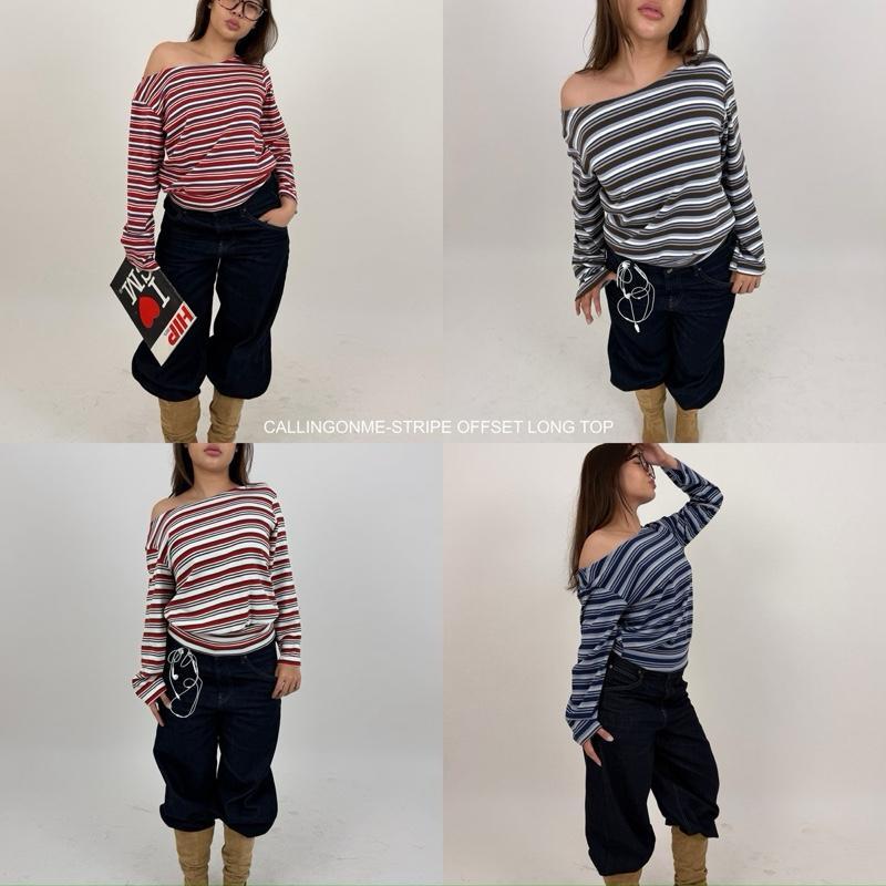 callingoneme-STRIPE OFFSET LONG TOP เสื้อลายทางปาดข้าง ผ้านุ่ม