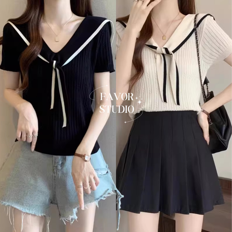 เสื้อสาวอวบ พลัสไซส์ S-XL คอปกกะลาสี แต่งผูก ทรงสวย เน้นดูเรียบหรู แขนสั้น ระบายอากาศได้ดี 💞ส่งจากไทย