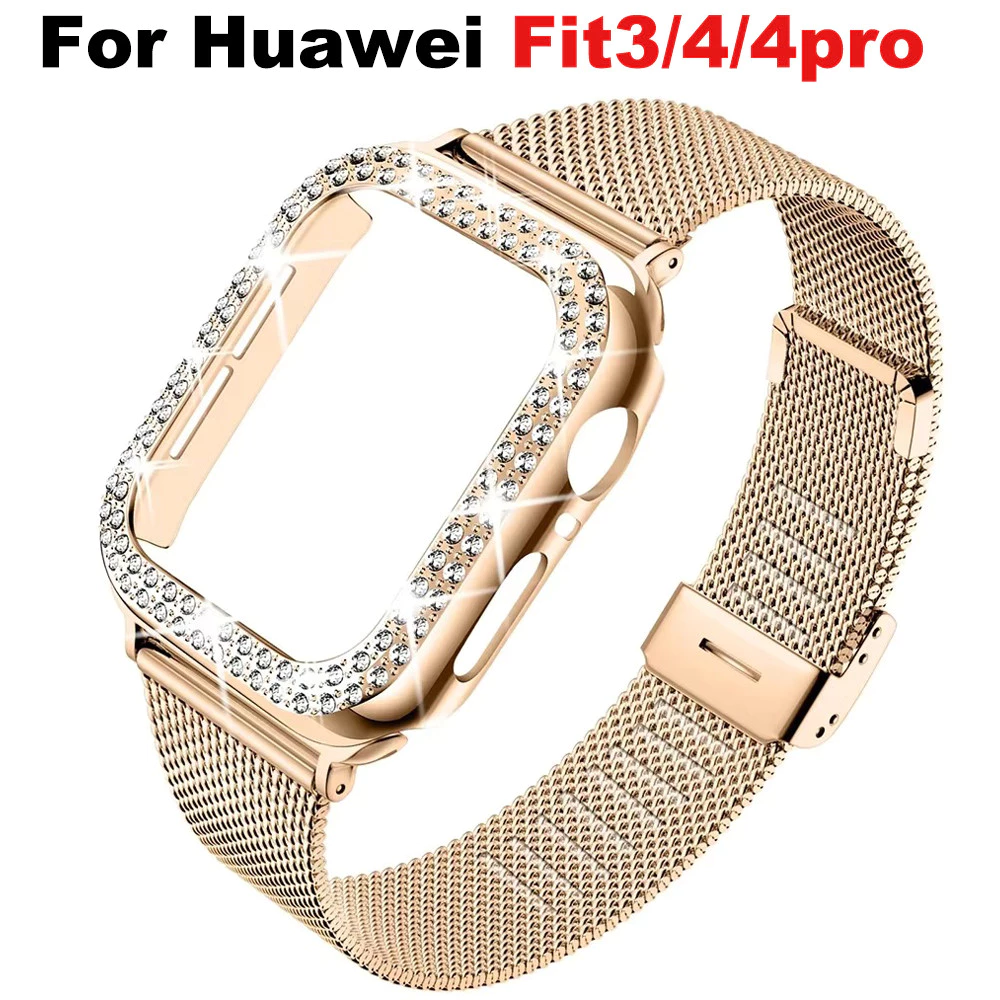 เคสเพชร + สายโลหะสําหรับนาฬิกา Huawei Fit 3/Fit 4/4pro สร้อยข้อมือสแตนเลสสําหรับ Huawei Fit3 Band พร้อมเคสป้องกัน