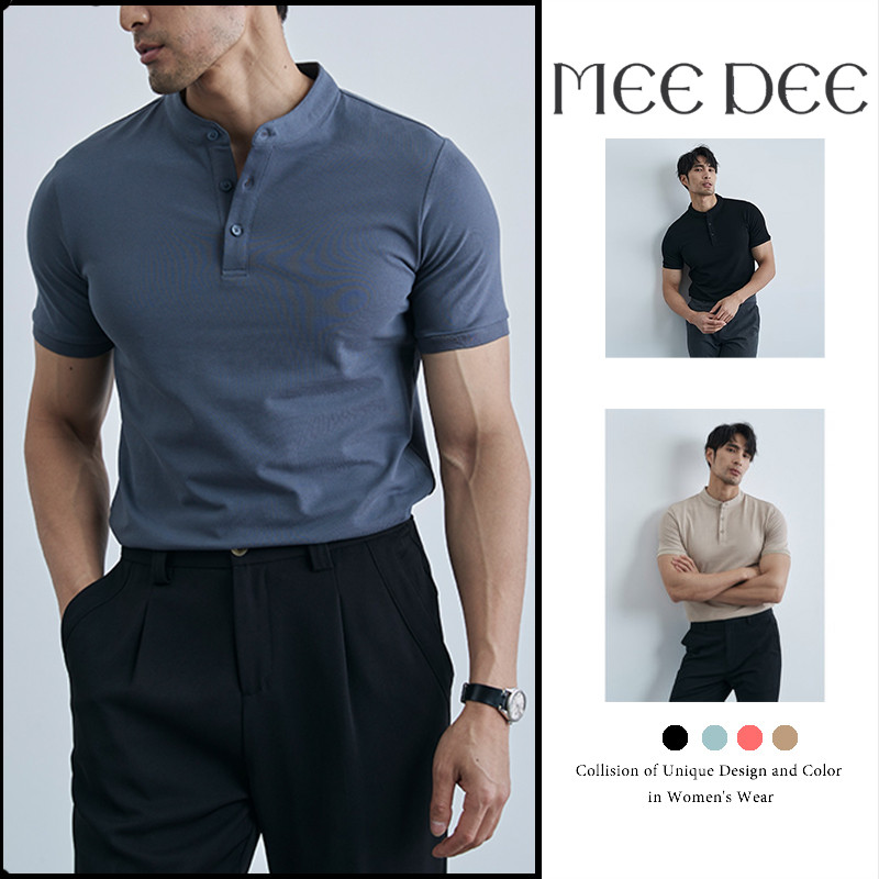 เสื้อเชิ้ตแขนสั้น แบบ Henley ทรงเข้ารูป สไตล์เกาหลี เรียบง่าย มีสไตล์ และใช้งานได้หลากหลาย