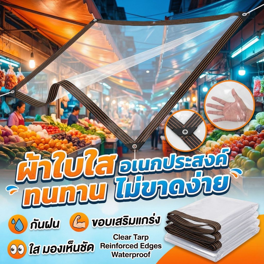 ผ้าใบพลาสติกใส  โชว์สินค้าชัด กันฝนไม่บังวิวลูกค้า เหมาะสำหรับร้านค้าริมทาง แผงลอย ตลาดนัด
