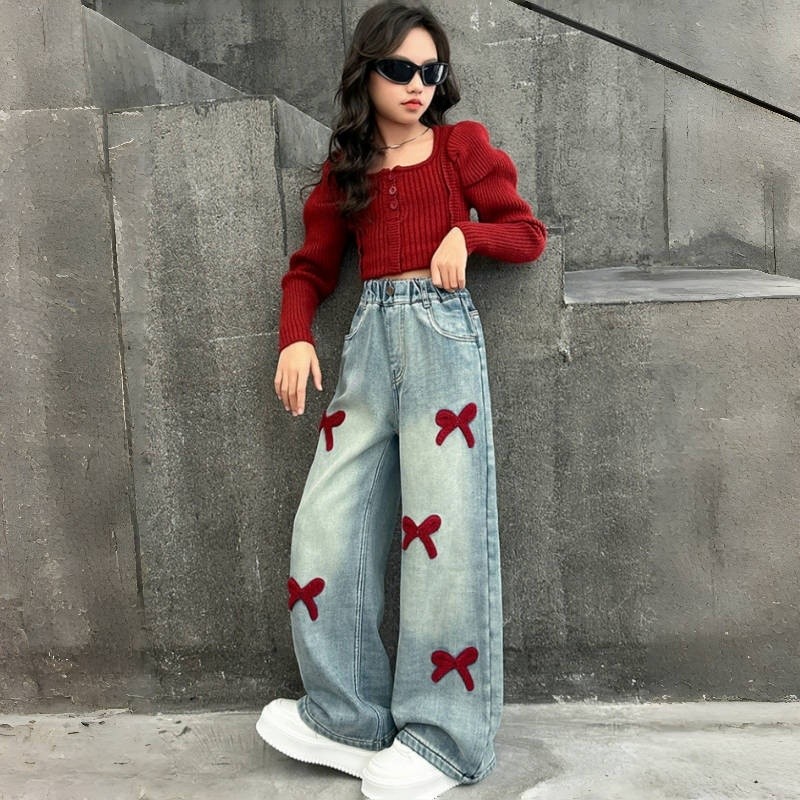 2026กางเกงยีนส์สําหรับเด็กสาว7-15ปี โบว์ผ้าขนหนูเย็บปักถักร้อยเอวสูงถุงกางเกงยีนส์สําหรับสาว อู๊ด สําหรับเด็กสาวกางเกงมะกงสําหรับเด็กสาวกางเกงขากว้างส - รูปที่ 5