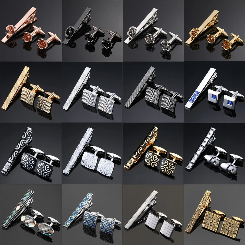 Men's French shirt cufflinks formal dress tie clip with rose metal pattern crystal design Luxury bra