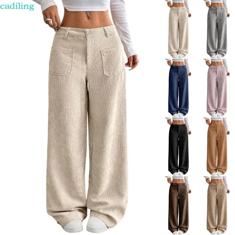 Cadiling Corduroy Pts สําหรับผู้หญิงลําลองเอวติดกระดุมยืดหลวม Fit ขากว้าง Pts พร้อมกระเป๋า