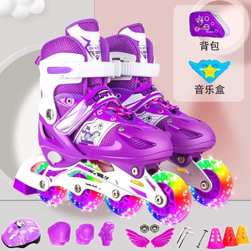 [Bebele] Skates Childrens Full Set Men Women Roller Skates Flashing Inline Skates Beginners Adjustab