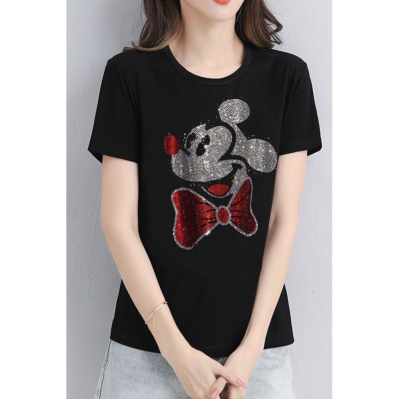 เสื้อยืดผู้หญิงแขนสั้น แบบพิมพ์รอบคอลุคใหม่ ลายเพชรและลูกปัด trend ยกระดับความslimmer ในสีดำบน COD N