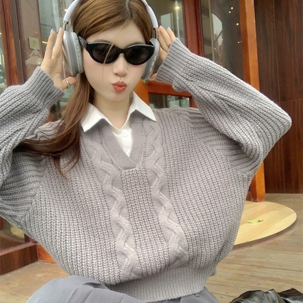 sculptor sweater เสื้อ sweater sweater set แจ็กเกตสองชิ้นสำหรับผู้หญิง คอปก ดีไซน์ใหม่ ทรงหลวม สวมใส
