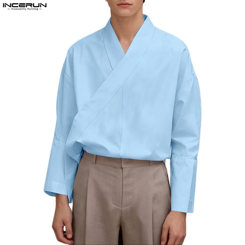 INCERUN Men Vintage Minimalist Casual Warp-Front Long Sleeve Solid Color Shirts