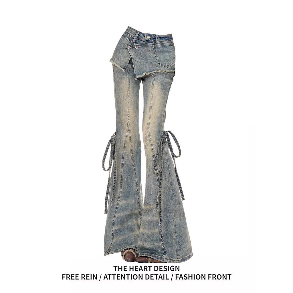 กางเกงยีนส์ผู้หญิง Retro Destruction แบบ lace-up