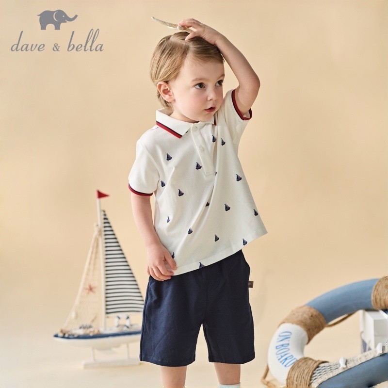 Dave Bella 6M-9Y ชุดเซ็ทแฟชั่น เด็กชาย cotton ลายพิมพ์ เสื้อยืด polo กางเกงาสั้น ฤดูร้อน DB2262030