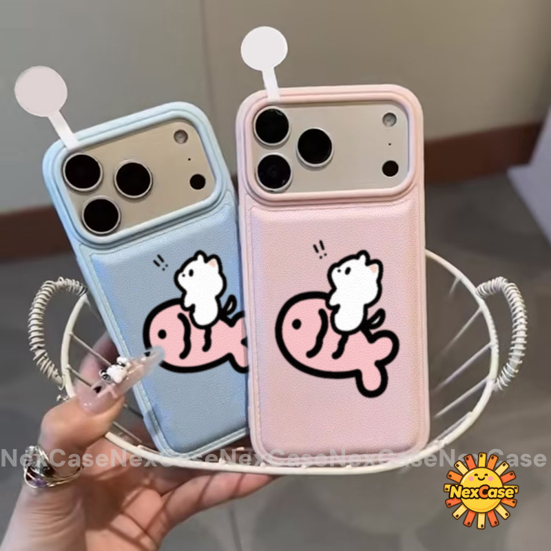 เคสสําหรับ IPhone 17 16 11 15 14 13 12 Pro Max XR X XS MAX Air 16 Plus แมวสีดําขี่ปลาสีชมพูขนาดใหญ่ก