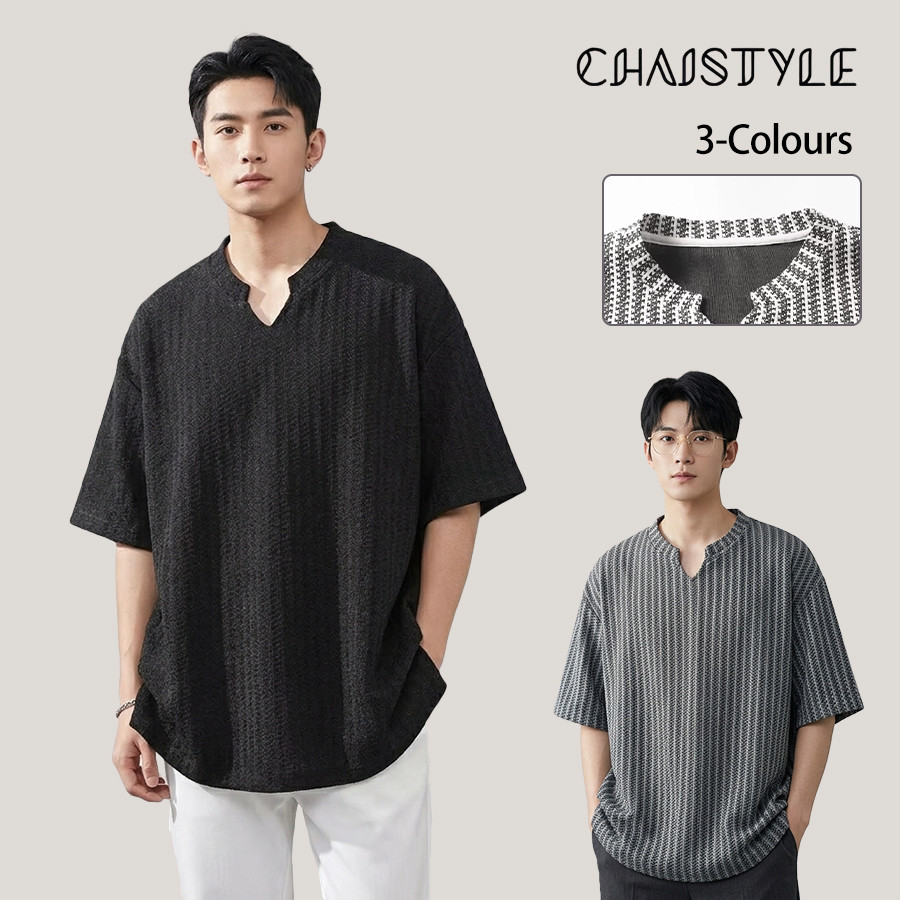 Chaistyle ฤดูร้อน แขนสั้น เทรนด์อเมริกัน เสื้อคอวี ลายทาง หลวมสบาย รุ่นเดียวกันสำหรับทั้งชายและหญิง