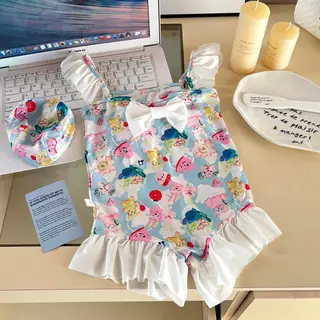 Dolemi Baby ชุดว่ายน้ำเด็ก หมวกคลุมหัว วันพีซ สำหรับเด็กหญิง ลายน่ารัก มีโบว์ หน้า-หลัง ผ้าไนลอน
