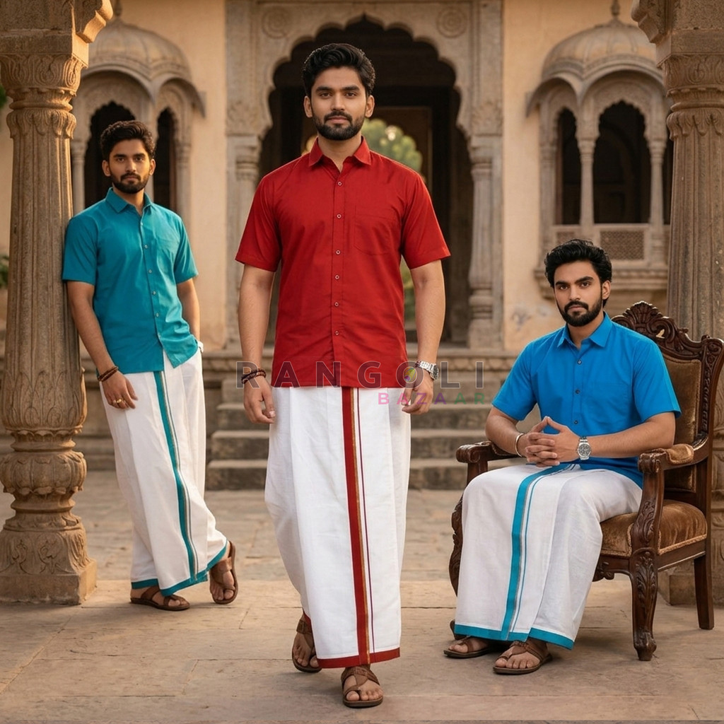 Mens Traditional Dhoti & Shirt -Royal South Cotton Veshti/Mundu Set โดย Rangoli Bazaar