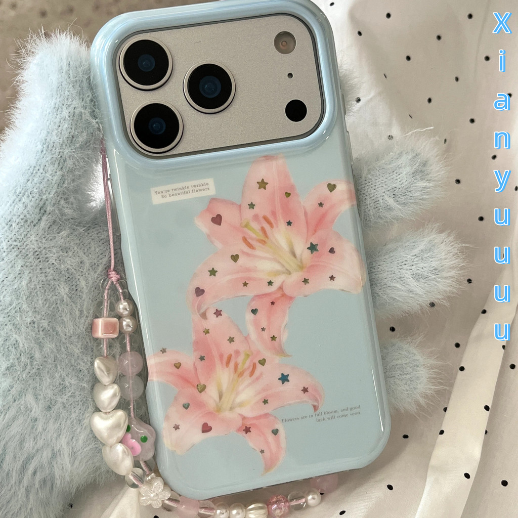 น่ารักสีสัน Star Lily ดอกไม้พาสเทลสีฟ้าเคสโทรศัพท์สําหรับ IPhone17 16 15 14 13 Pro Max ฝาครอบป้องกันพร้อมโซ่ลูกปัด