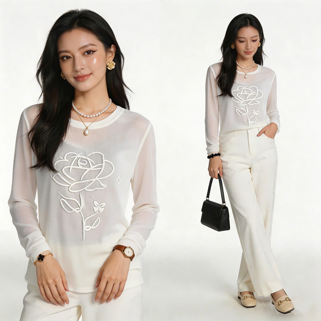 Camellia Top เสื้อแขนยาวผู้หญิง High-End Thin All-Match สีขาว