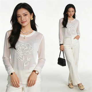 Camellia Top เสื้อแขนยาวผู้หญิง High-End Thin All-Match สีขาว