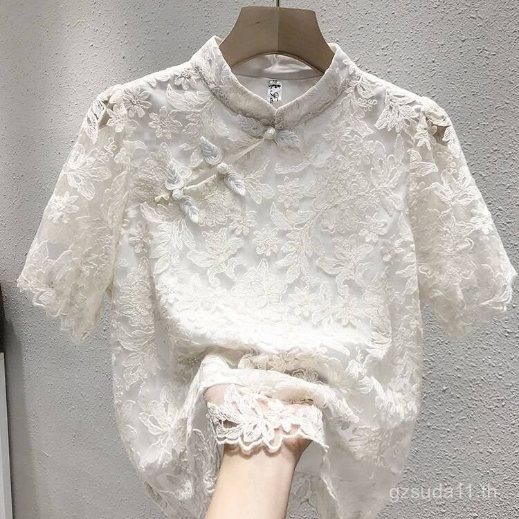เสื้อชีฟองแขนสั้นผู้หญิง ลายลูกไม้สไตล์จีน ติดกระดุม เหมาะสำหรับสวมใส่ในฤดูร้อน
