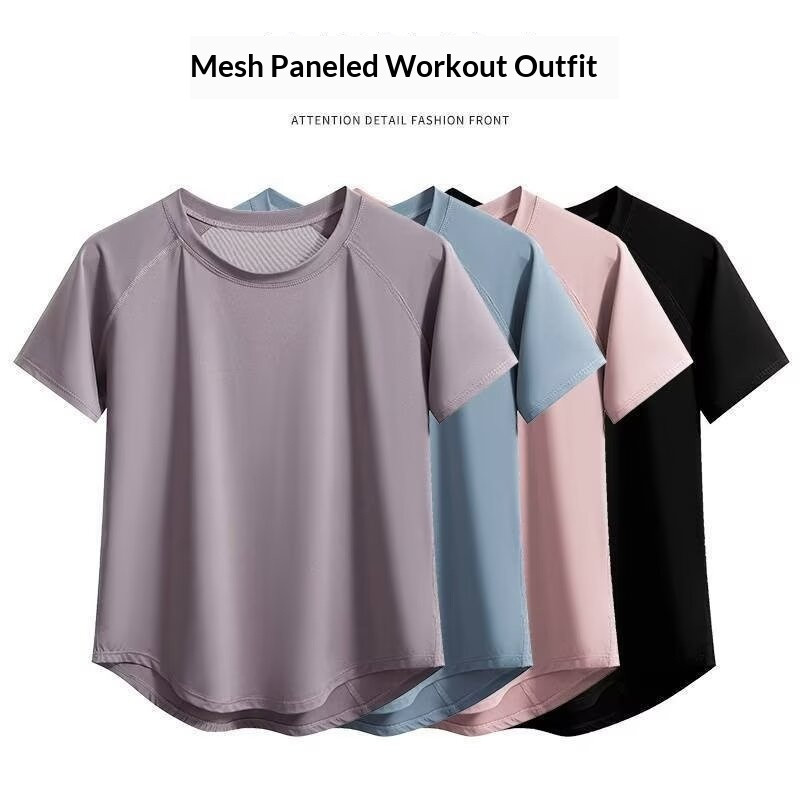 เสื้อยืดฟิตเนสตาข่ายสำหรับผู้หญิง แห้งเร็ว ระบายอากาศ เหมาะสำหรับการออกกำลังกายโยคะในฤดูร้อน