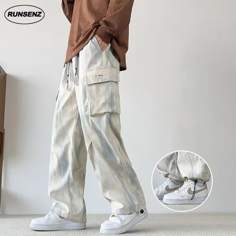 M-8XL Plus Size Mens Tie-Dye Cargo Pants Loose Straight Leg Casual Pants