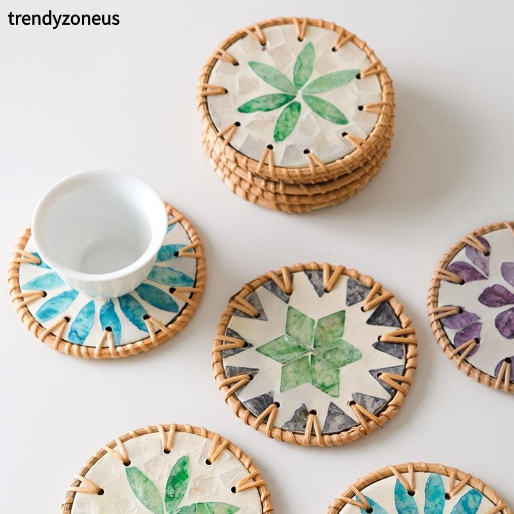 TRENDYZONEUS หวาย Coaster, Handmade สีสัน Shell ถ้วย, 10 ซม.รอบทนความร้อนโต๊ะรับประทานอาหาร Protector Pad สําหรับชากาแฟเครื่องดื่มร้อน