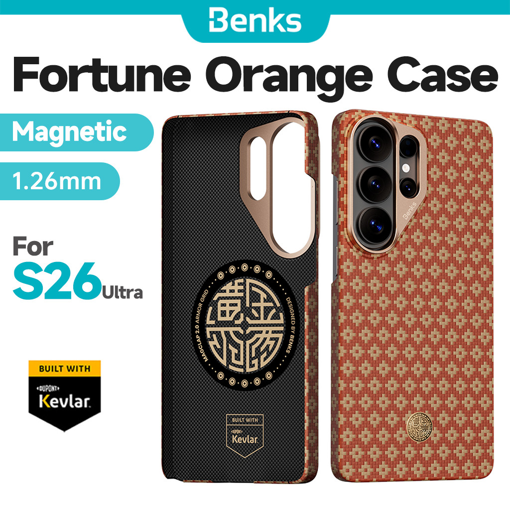 [Benks Official] Magnetic ArmorAir ArmorGrid Fortune เคสโทรศัพท์สีส้มสําหรับ Samsung S26 Ultra Built with Kevlar® Aramid Fiber Ultra Slim & Lightweight Minimalist Casing ปกแข็ง