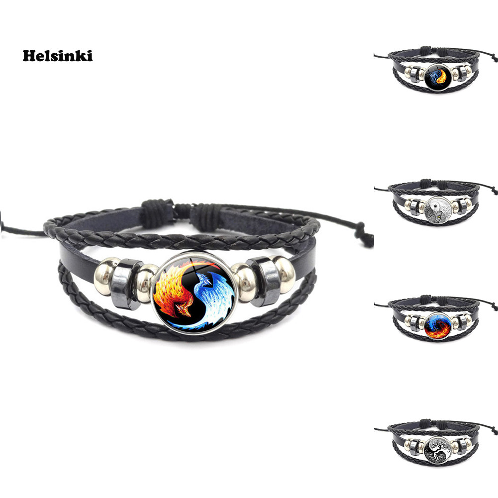HLS Vintage Unisex Yin Yang Pattern Multi-layer Faux Leather Adjustable Bracelet