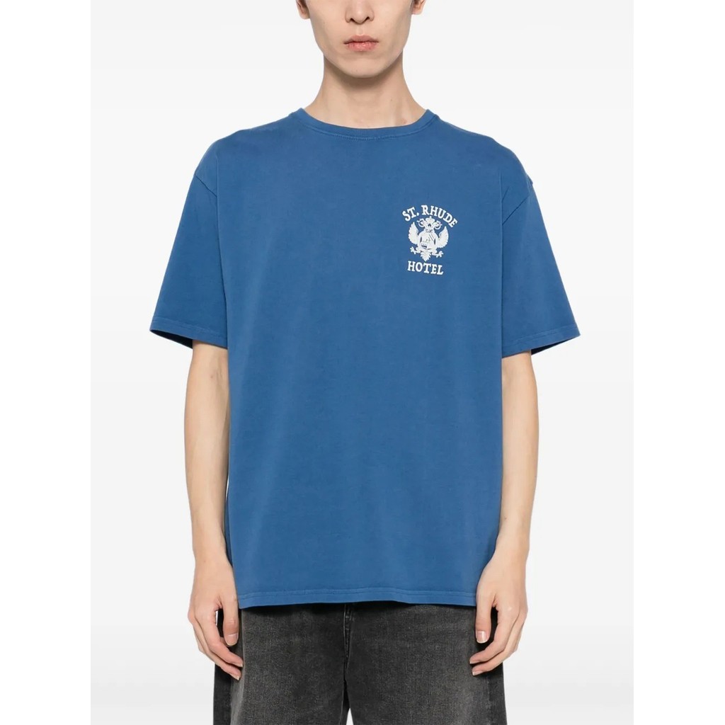 Z8AS Rhude Summer new product blue logo printed short sleeve shirt T Unisex high street loose casual