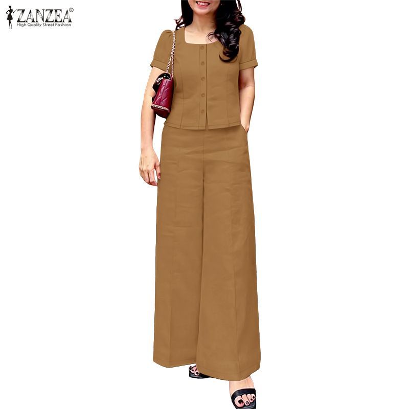 ZANZEA ซานเซีย เสื้อเบลาส์แขนสั้นคอเหลี่ยมทุกวันของผู้หญิงสไตล์เกาหลีกางเกงขายาวชุดสองชิ้น — صورة 4