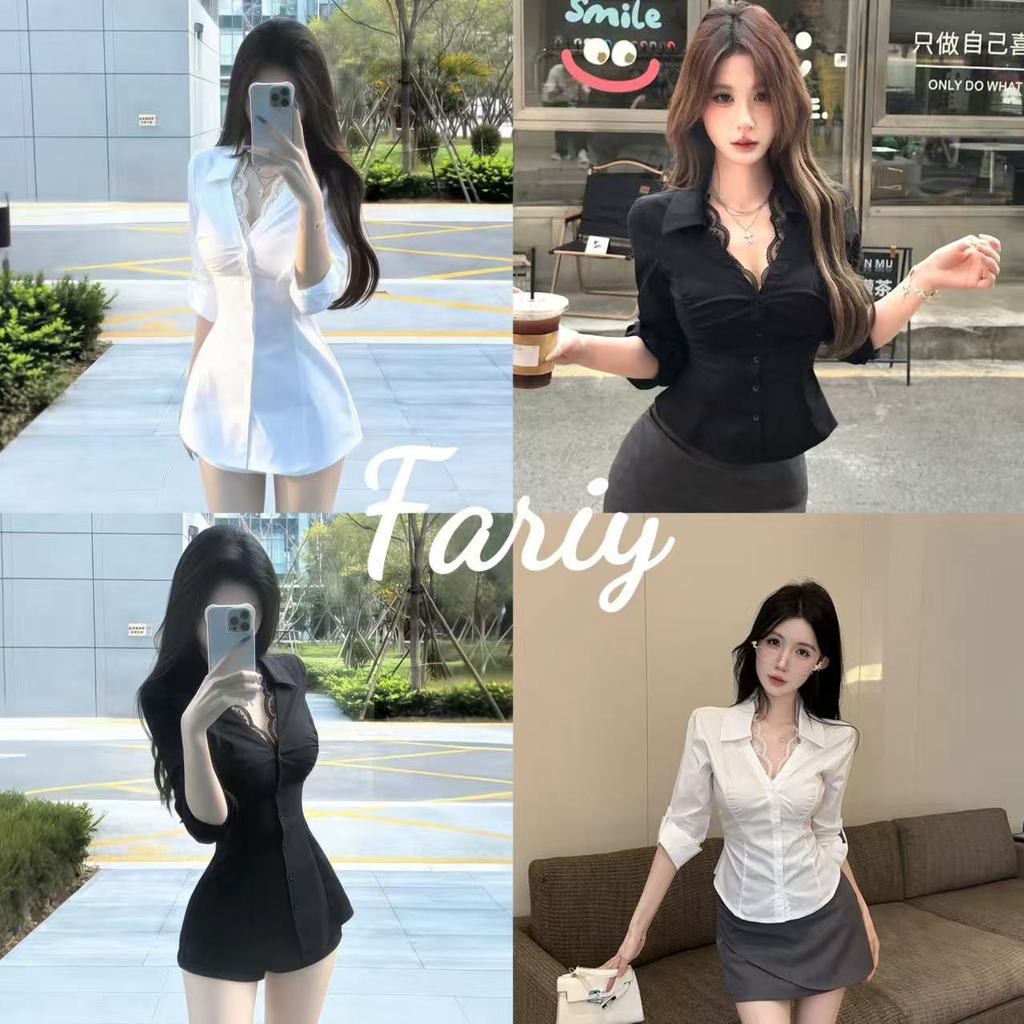 Fariy🍒คลังสินค้าพร้อม🍒 เดรสเชิ้ตผ้าลูกไม้ปะติดปะต่อสุดเซ็กซี่สำหรับผู้หญิง ฤดูใบไม้ร่วง 2025 ทรงเอไลน์สั้น เน้นเอวให้ดูเพรียวบาง