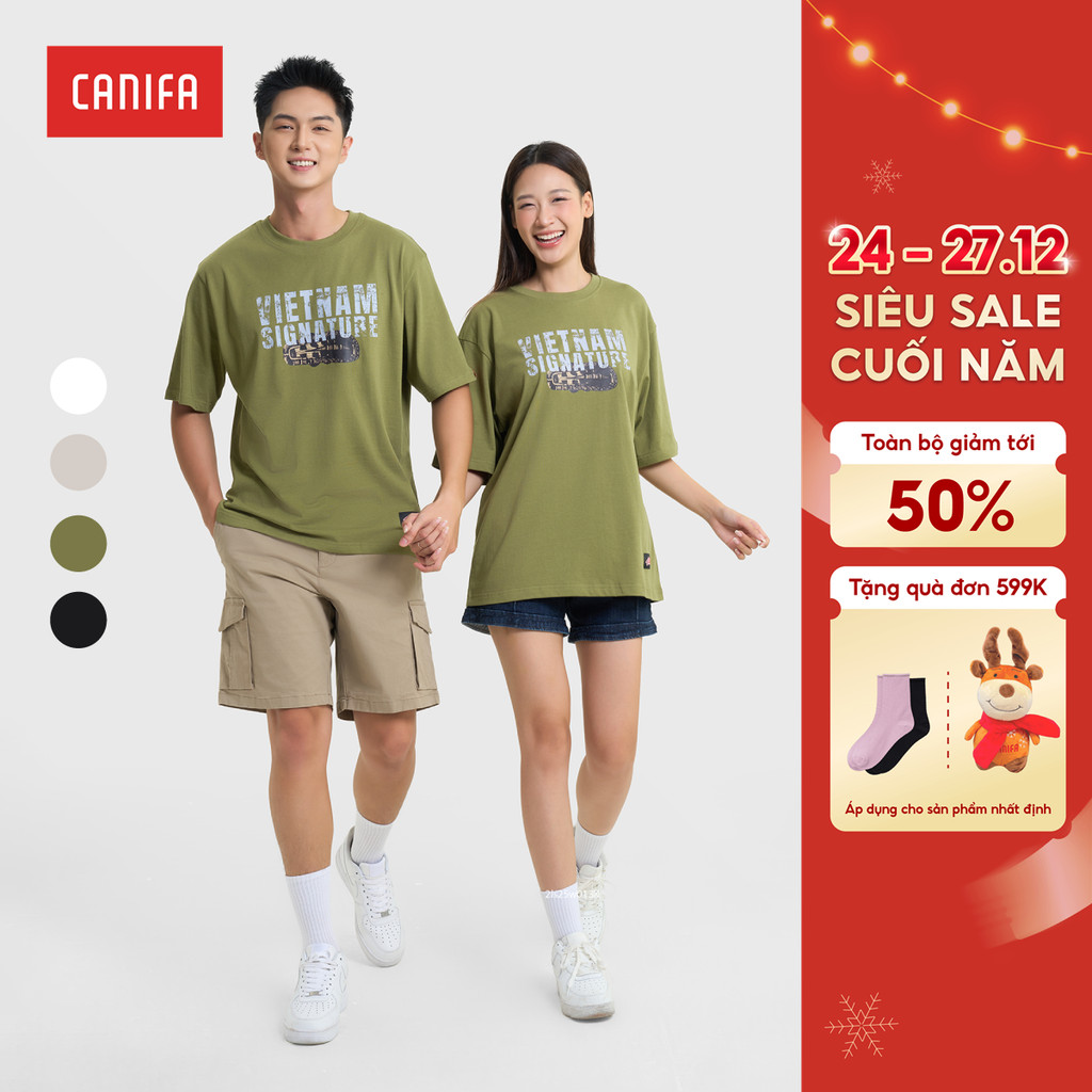 CANIFA S เสื้อยืดผู้ใหญ่ unisex รูปทรงกล่องพิมพ์คํา Khe Sanh 5TS25S031
