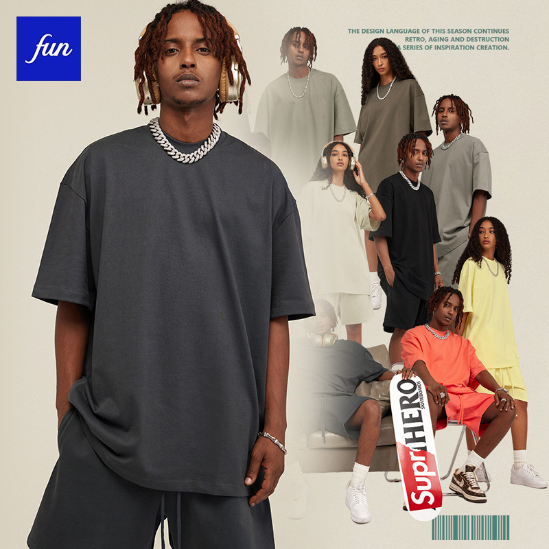 เสื้อยืดขนาดใหญ่ 305gsm คอเล็ก Plus ขนาด 100% ผ้าฝ้ายพรีเมี่ยม heightweight American street สีทึบ Men & Women เสื้อยืด