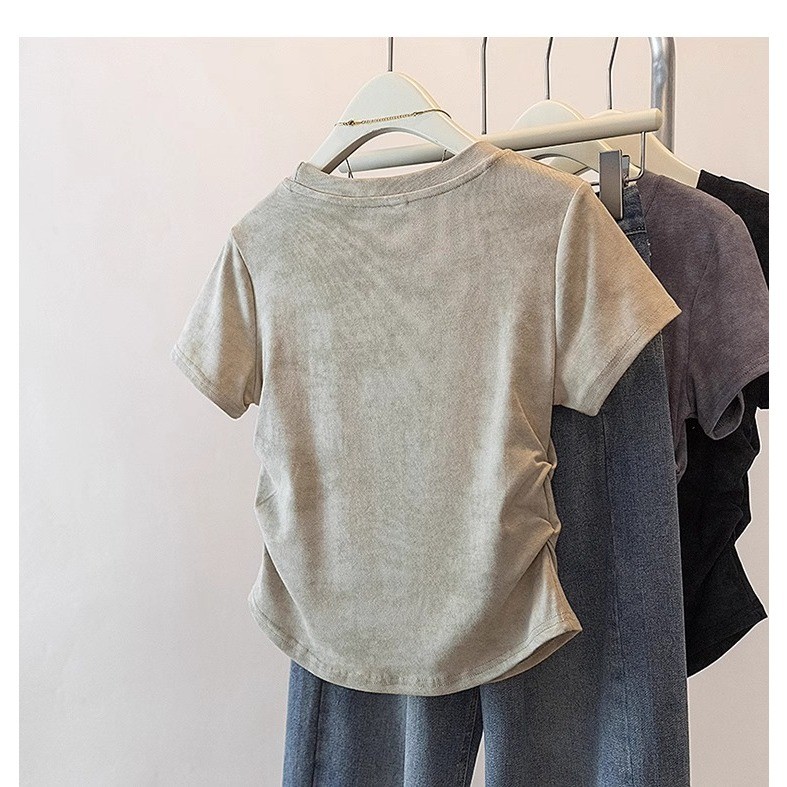 เสื้อยืดแขนสั้นลายจีบแบบเกาหลี,เสื้อยืดผู้หญิง คอกลม เข้ารูป ใส่สบาย - รูปที่ 3