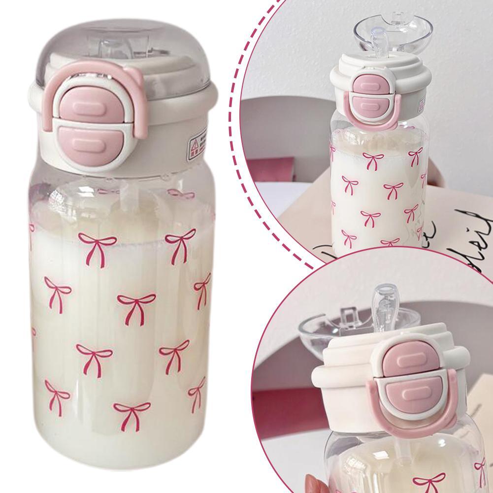 500ml สีชมพูหวาน Bowknot ถ้วยน้ําฟางสาวน่ารักรั่วดื่มขนาดใหญ่ความจุกลางแจ้ง E7o5