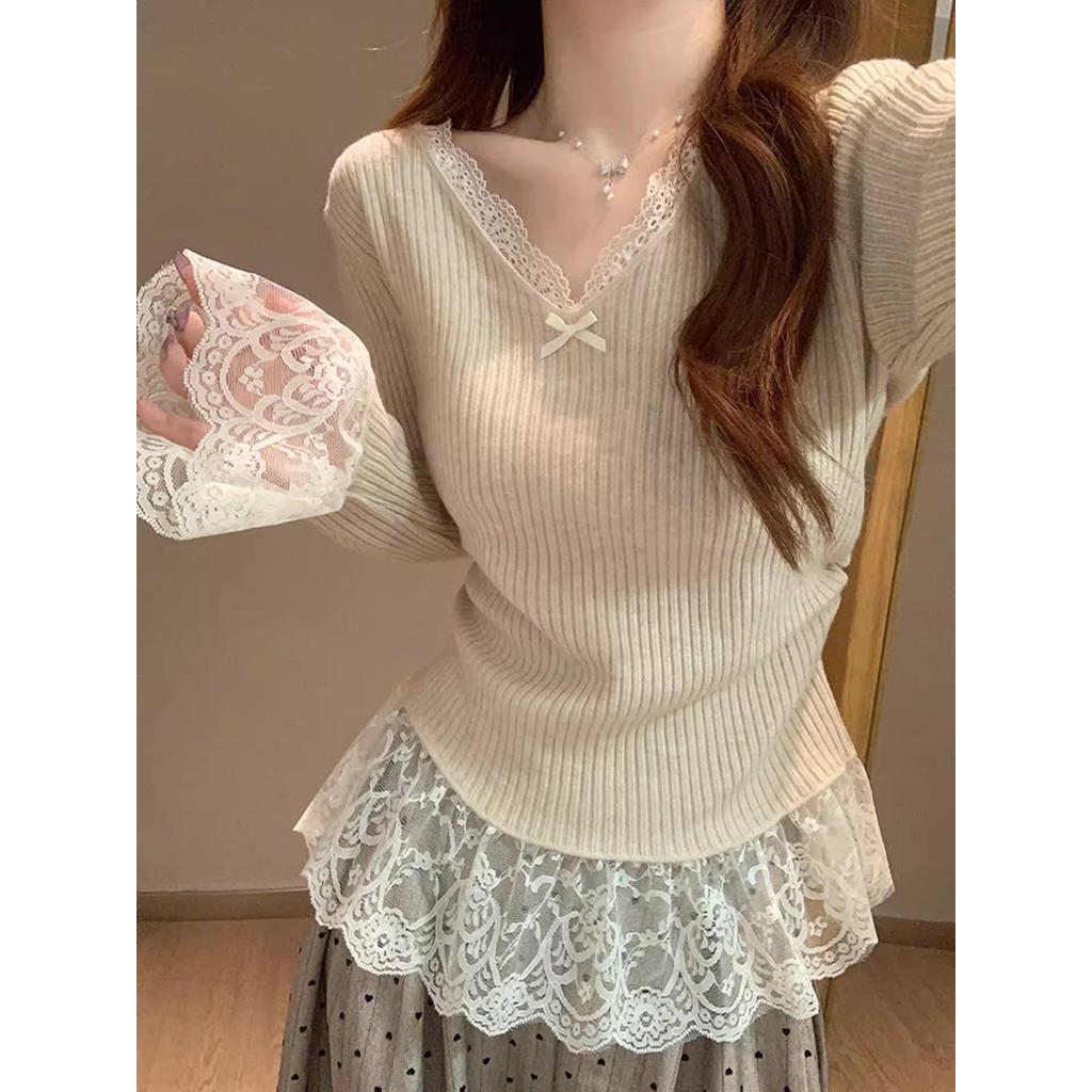 Red Berryเสื้อไหมพรมแขนยาวคอวีตกแต่งลูกไม้ สำหรับผู้หญิง ฤดูใบไม้ร่วง–ฤดูหนาวJ091
