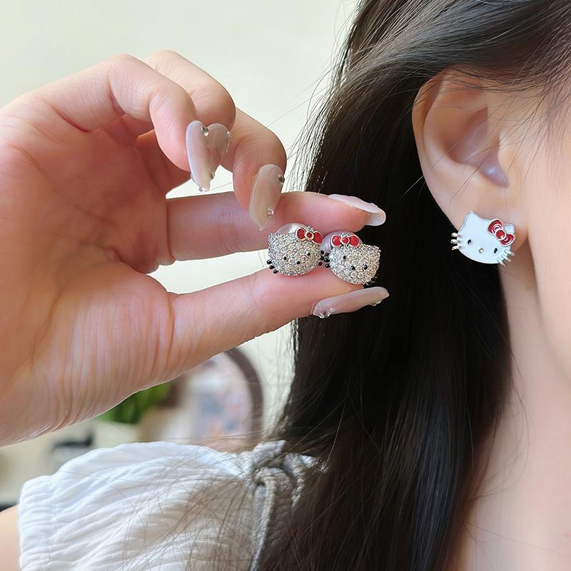 KILIG 1 คู่ Hello Kitty ประกายเพชรต่างหูอะนิเมะ Sanrio KT แมวโบว์สตั๊ด Kawaii ผู้หญิงเครื่องประดับอุ