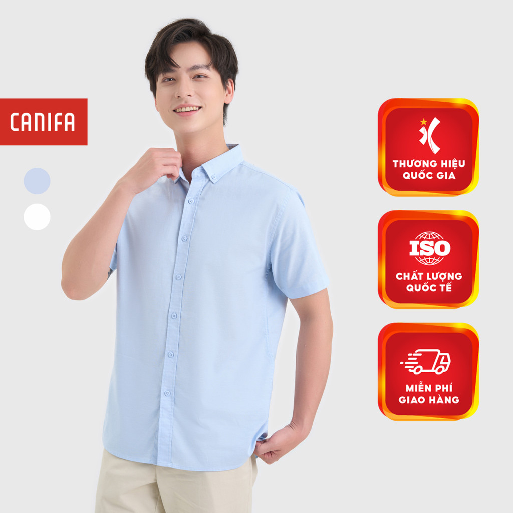 CANIFA MEN เสื้อเชิ้ตแขนสั้นพื้นฐานคอปกเยอรมัน 8TH25A001