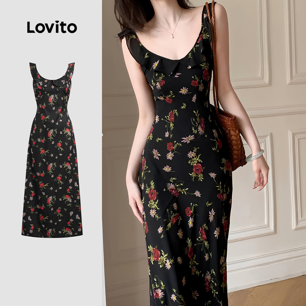 Lovito ชุดเดรสคริสต์มาสแบบลำลองพร้อมซิประบาย สัมผัสนุ่มลื่น ชุดเดรสฤดูใบไม้ผลิ/ฤดูร้อนสำหรับผู้หญิง L137LD160