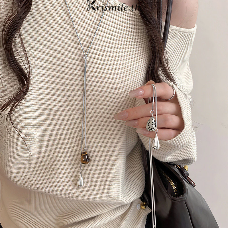 COD-ในไทย💖สร้อยคอโซ่ หินตาเสือจี้หยดน้ำ ประดับพู่เชือกรูด วินเทจ สำหรับผู้หญิง เครื่องประดับแฟชั-Kri