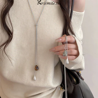 COD-ในไทย💖สร้อยคอโซ่ หินตาเสือจี้หยดน้ำ ประดับพู่เชือกรูด วินเทจ สำหรับผู้หญิง เครื่องประดับแฟชั-Kri