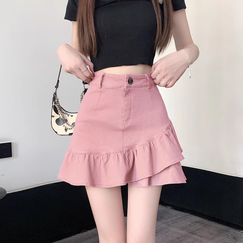 Korean shorts cicishop1 กางเกงขาสั้นสบาย กระโปรงยีนส์ Dopamine สไตล์ไม่สม่ำเสมอ Ruffled Fishtail แบบ