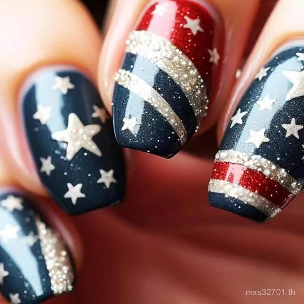 24Pcs 4th of July Press on Nails Medium Square Independence Day Fake Nails with Glitter Design Star 
