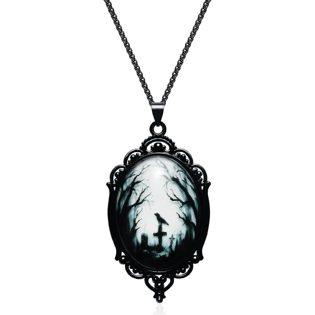Gothic Necklace, Witch Raven Locket Necklace as Goth Accessories for Witch Costume Jewelry for Women