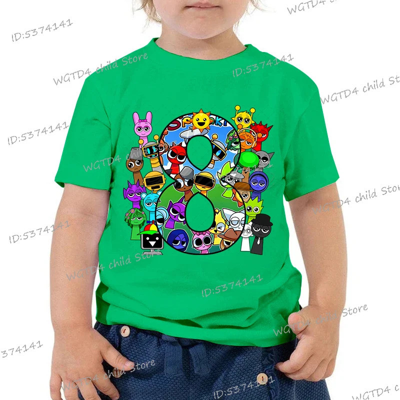 COD 2026 Cartoon Sprunki วันเกิดหมายเลข 1-9 สีเขียวเสื้อผ้าเด็กของขวัญตลกสยองขวัญเกม Sprunki ชายหญิง