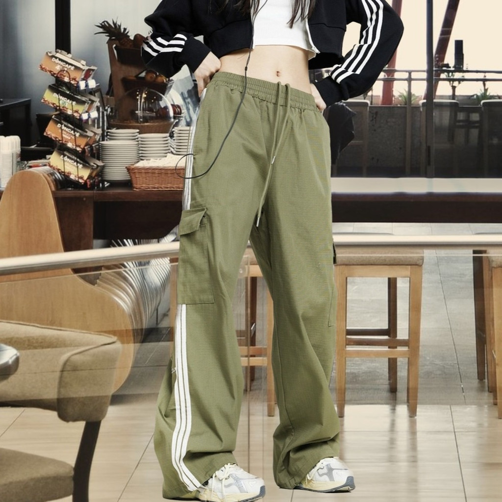 American vibe ลายกางเกงลําลองผู้ชายผู้หญิงหลวม Drape การออกแบบตรงกางเกง Overalls ขากว้าง ins อินเทรน