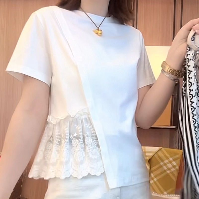 ผ้าฝ้ายแท้สินค้ายุโรปรอบคอลูกไม้เย็บไม่สม่ําเสมอแขนสั้นเสื้อยืดผู้หญิงฤดูร้อนสไตล์ใหม่Slim-Fit Slimm