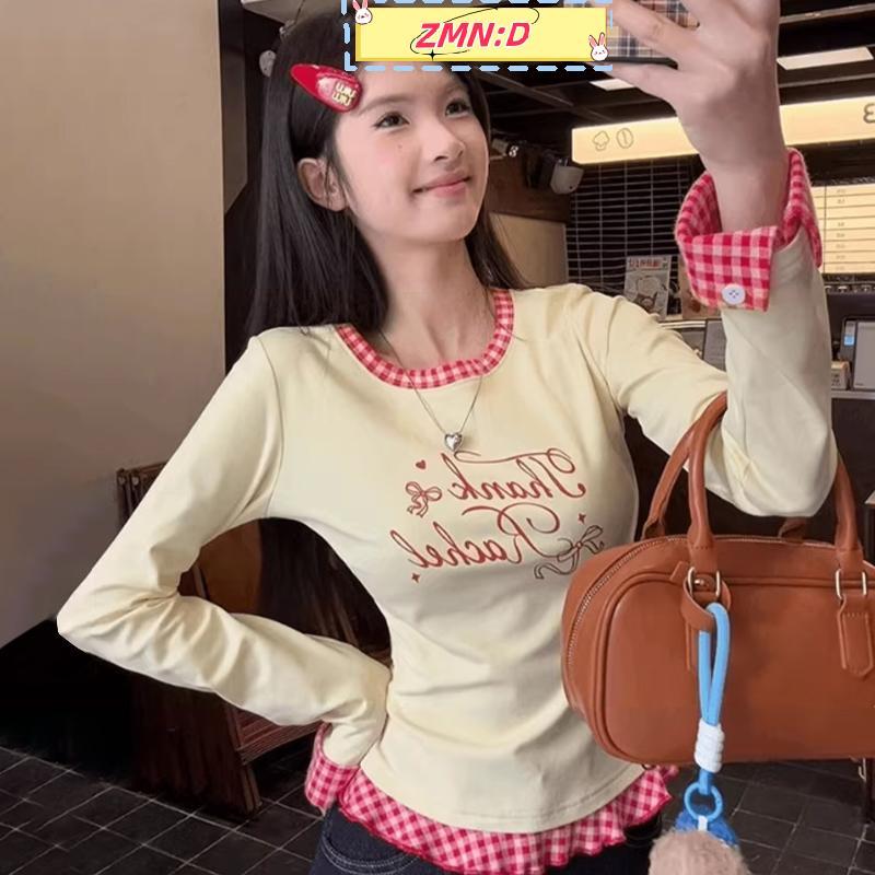 ZMN:D เกาหลี Chic พิมพ์ลายสก๊อต Patchwork รอบคอแขนยาว Slim เสื้อยืดสําหรับผู้หญิง RRT