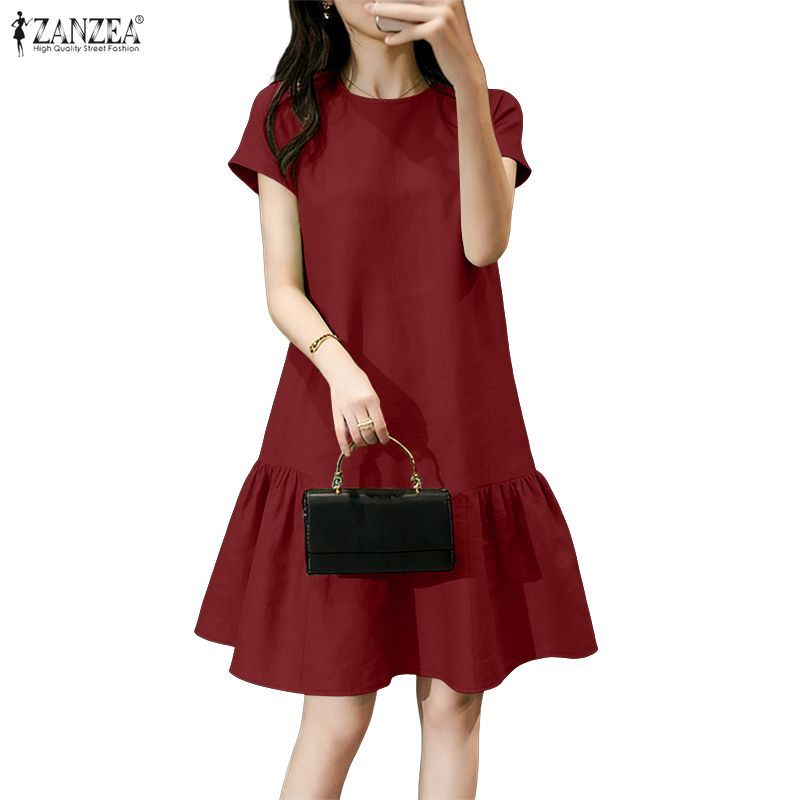 ZANZEA ใส่ ซานเซีย ผู้หญิงเกาหลีลําลอง โอ คอแขนสั้นกลับคอปุ่มนัวเนียชุด
