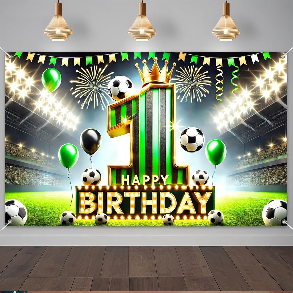 1st 3th 6th 7th 8th 11th 12th วันเกิดฉากหลังแบนเนอร์สีเขียวสีดําสีขาวมงกุฎฟุตบอล Goal Party ตกแต่งกา