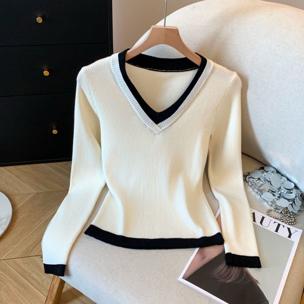 Cod French Navy Collar v คอผ้าคลุมไหล่ถักแขนยาวเสื้อยืดผู้หญิงฤดูใบไม้ร่วงฤดูหนาว Commuter Classy Co